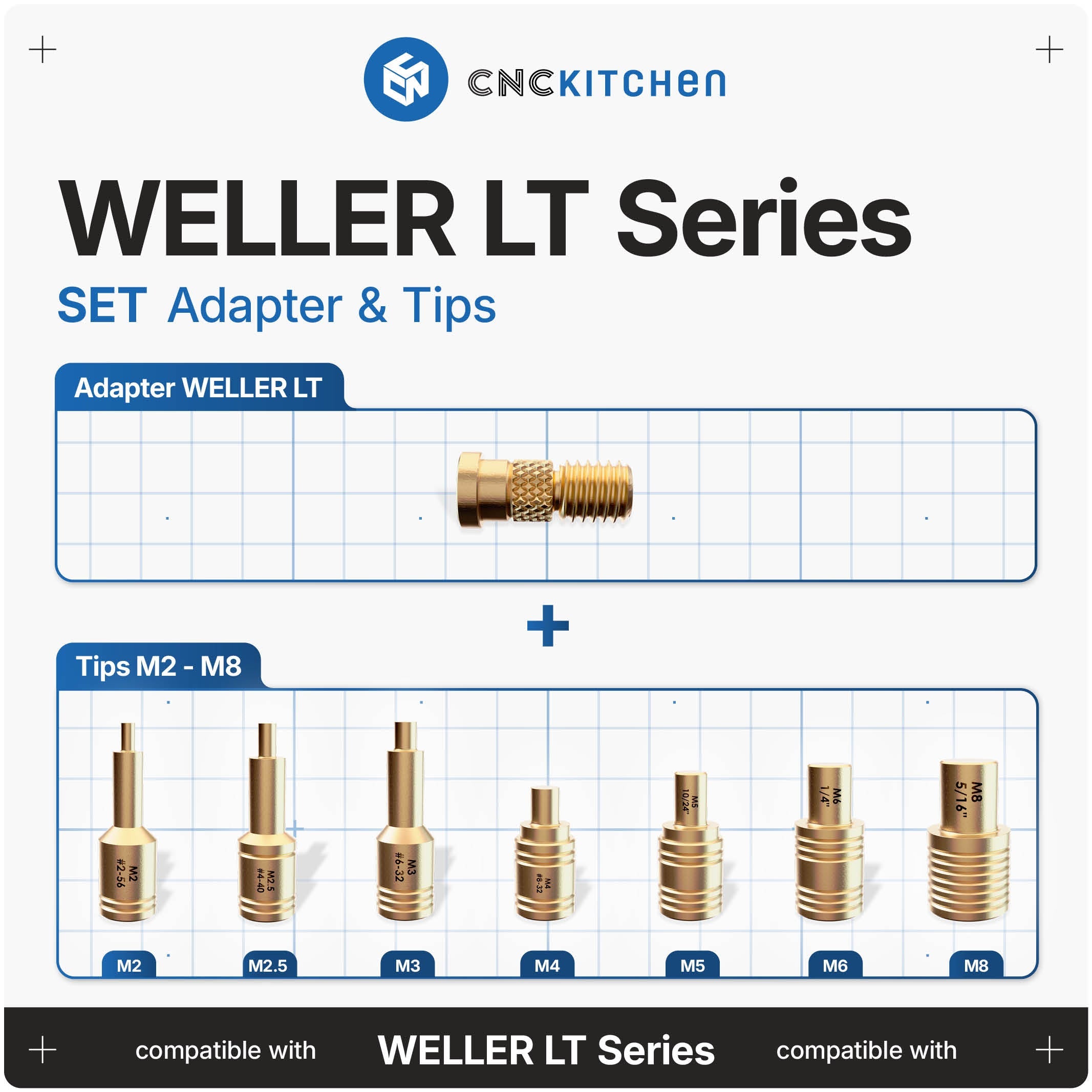 CNC Kitchen Installation Tips SET til Weller LT – adapter og spidser M2-M8 til heat set inserts